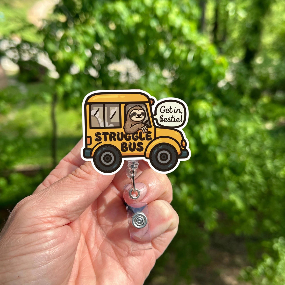 Struggle Bus Sloth Badge Reel – Funny Nurse ID Holder, Retractable Clip