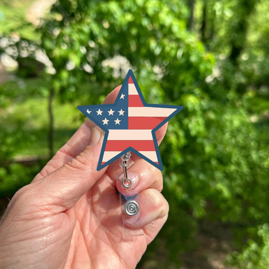 Red White Blue Star Badge Reel, Patriotic ID Holder, Americana Nurse Clip