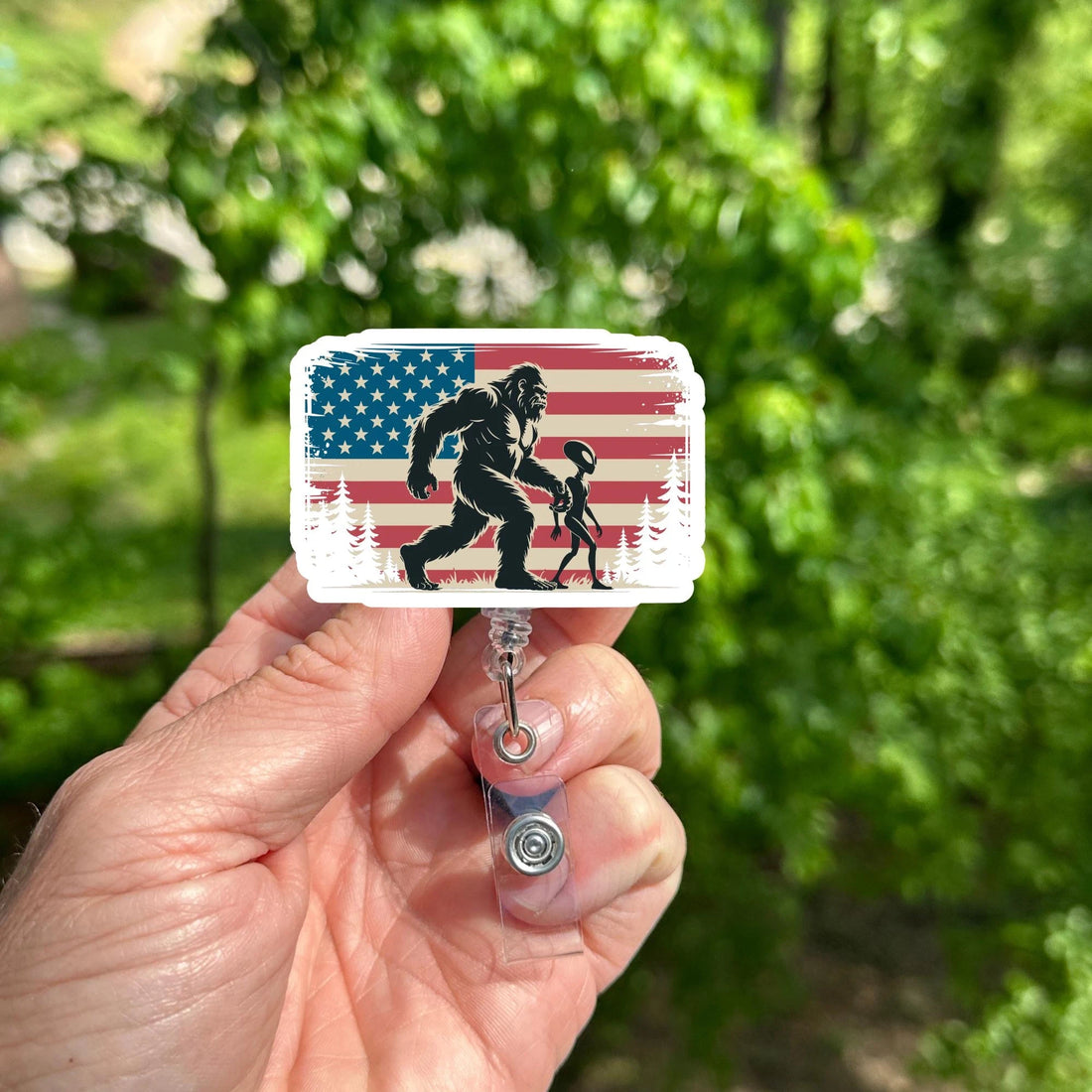 Patriotic Bigfoot Alien Badge Reel American Flag ID Holder, Nurse Clip