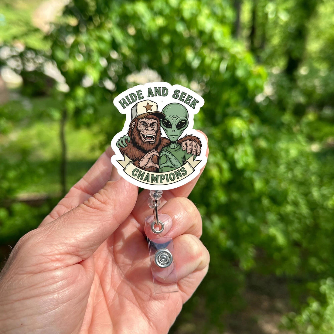 Bigfoot Alien Badge Reel Cryptid Sasquatch UFO Retractable ID Holder