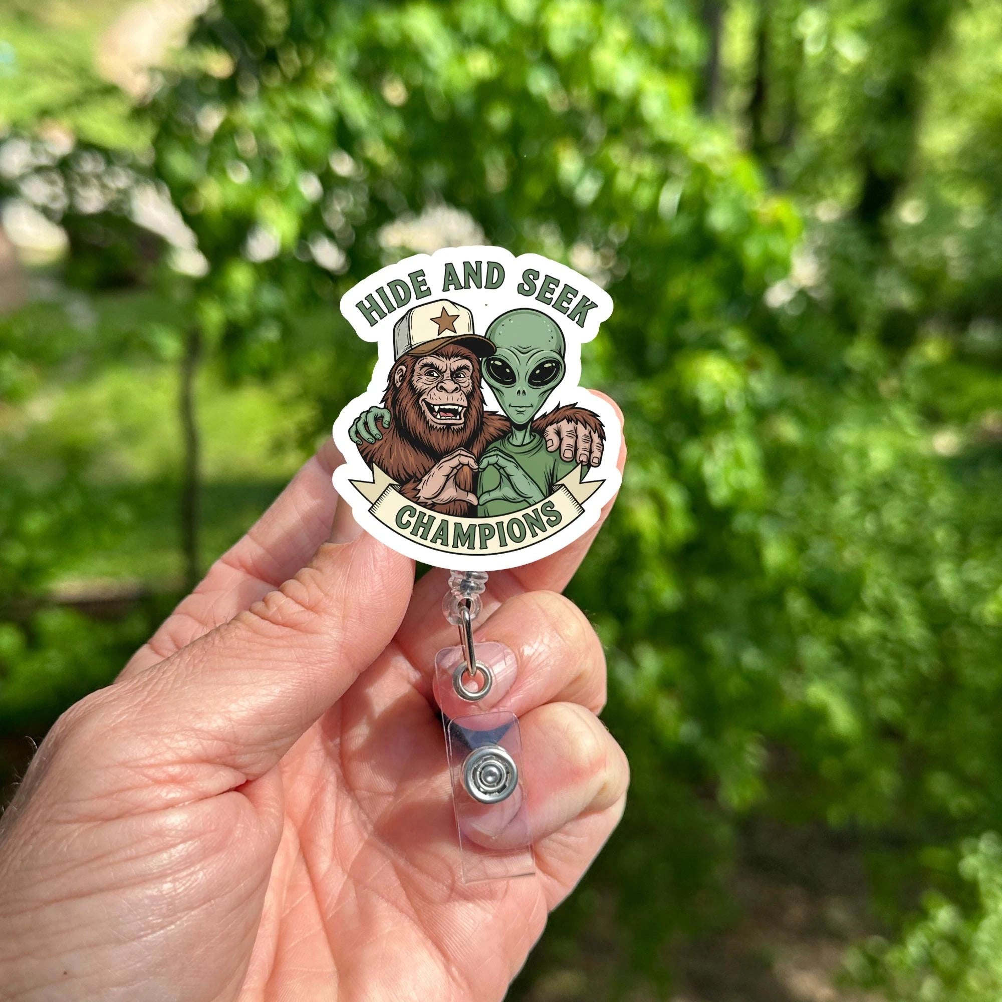 Bigfoot Alien Badge Reel Cryptid Sasquatch UFO Retractable ID Holder