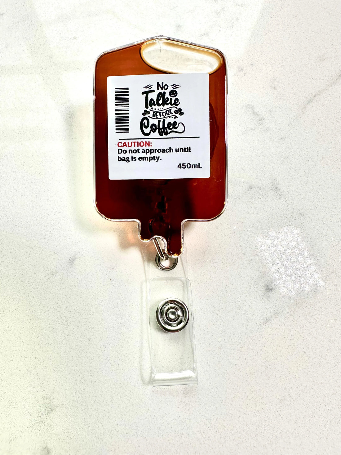 No Talkie Before Coffee IV Bag Badge Reel – Funny Nurse Retractable ID Holder