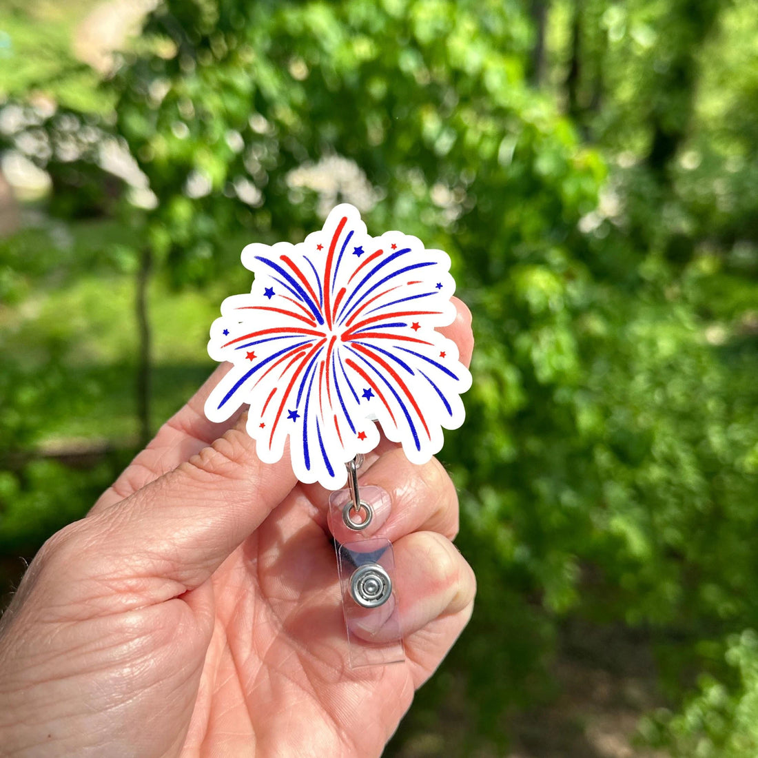 4th of July Fireworks Badge Reel - Patriotic Red White Blue ID Holder - Retractable Nurse Badge Clip - US Celebration Te