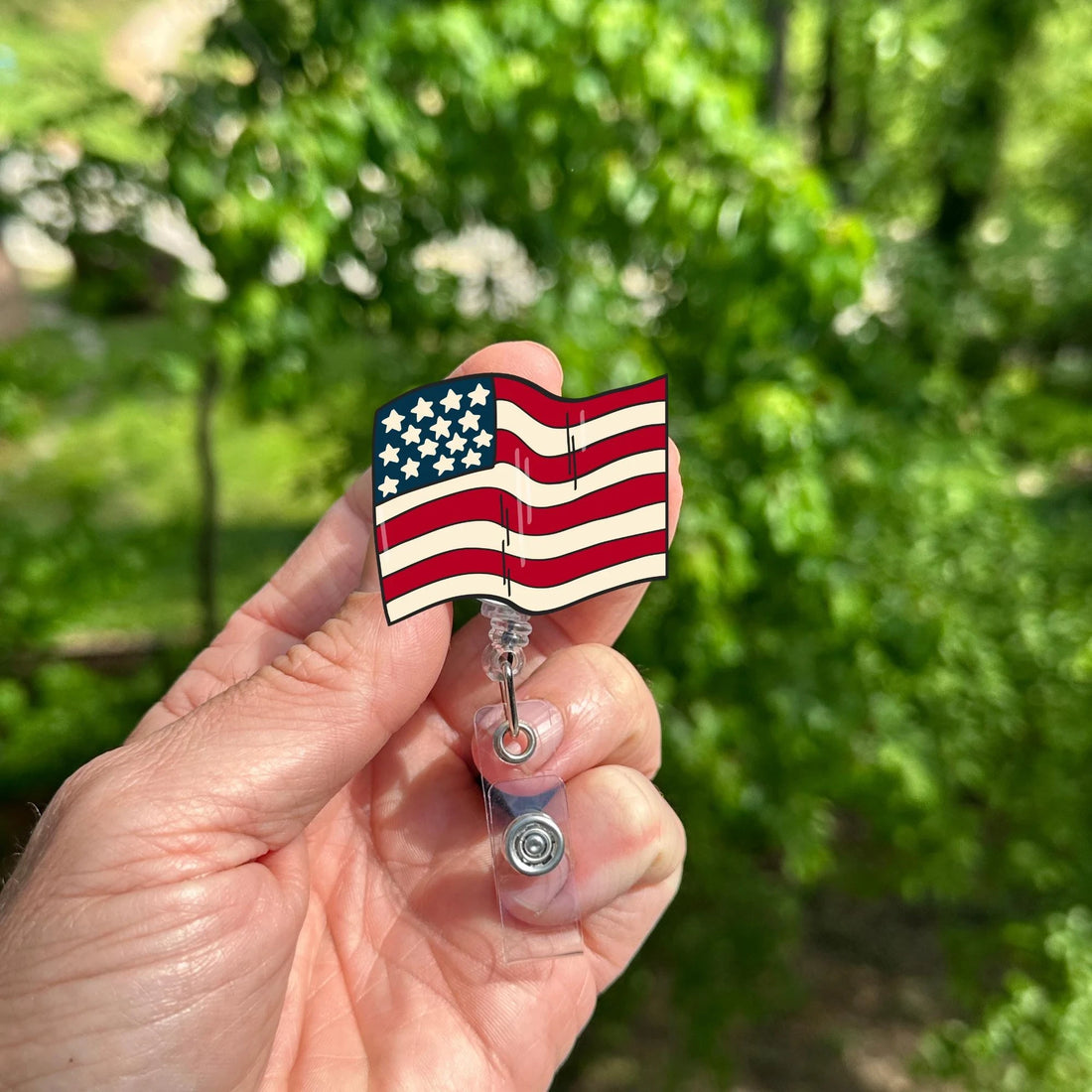 American Flag Badge Reel, Patriotic USA ID Holder, Retractable Clip, Americana Style