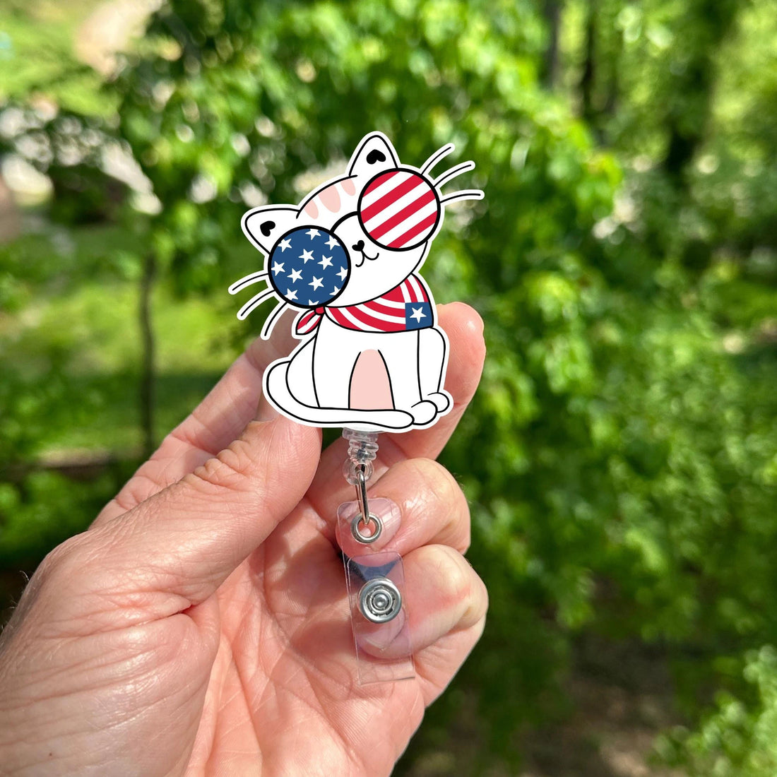 4th of July Cat Badge Reel – Patriotic Kitty ID Holder, Retractable Nurse Clip