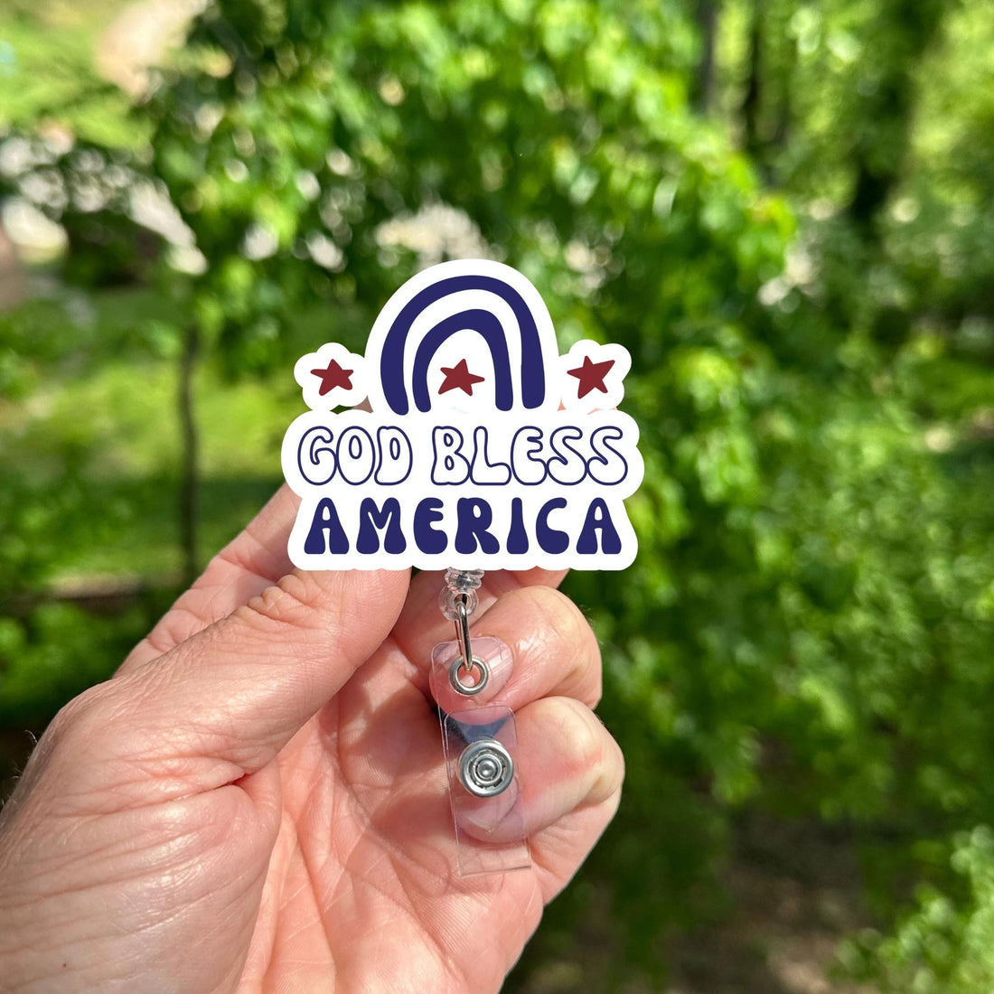 God Bless America Badge Reel, Patriotic Stars ID Holder, Retractable Clip, Americana Nurse Accessory