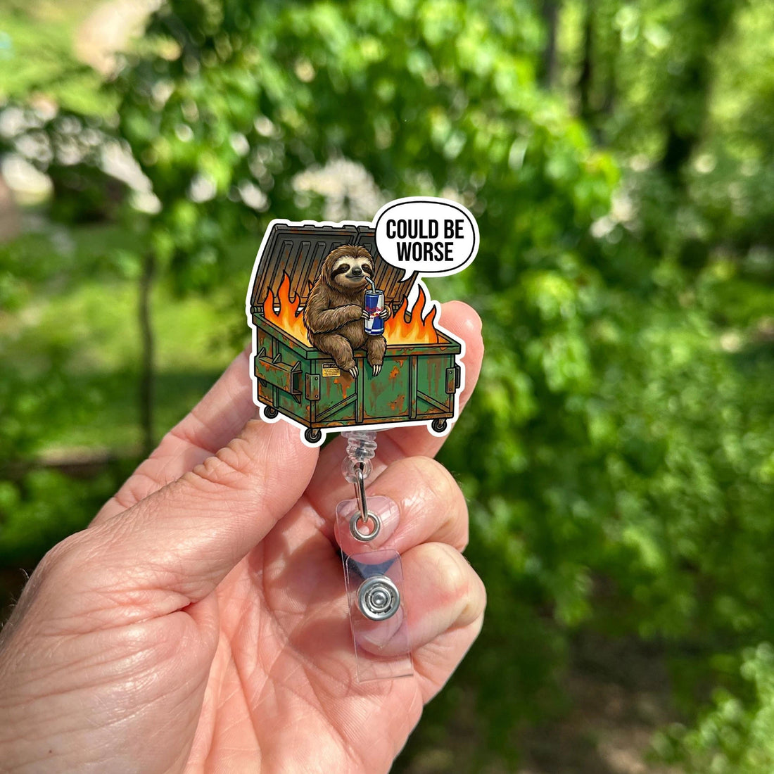 Sloth Dumpster Fire Badge Reel – Sarcastic Dark Humor ID Holder