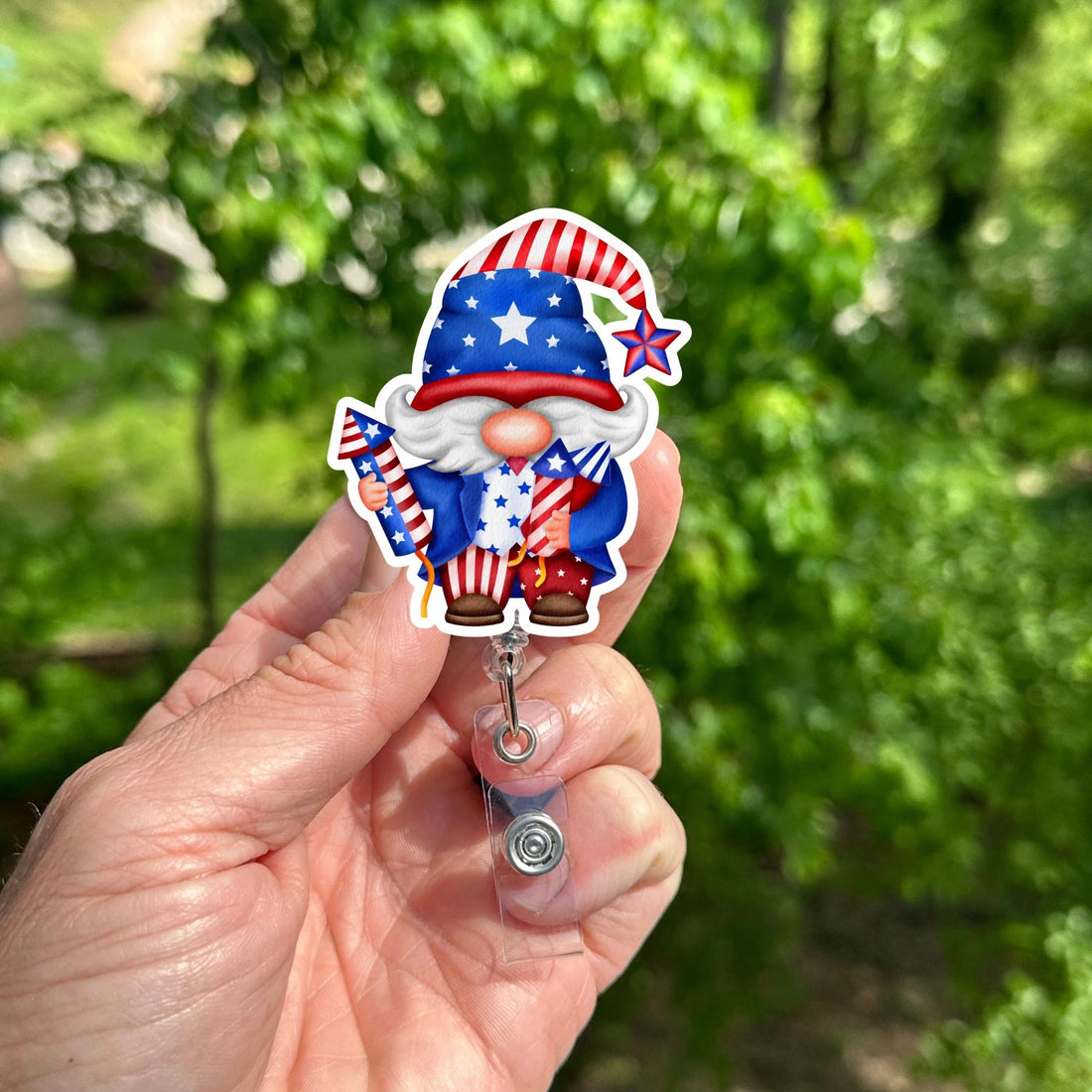 4th of July Gnome Badge Reel – Patriotic Red White Blue ID Holder Clip