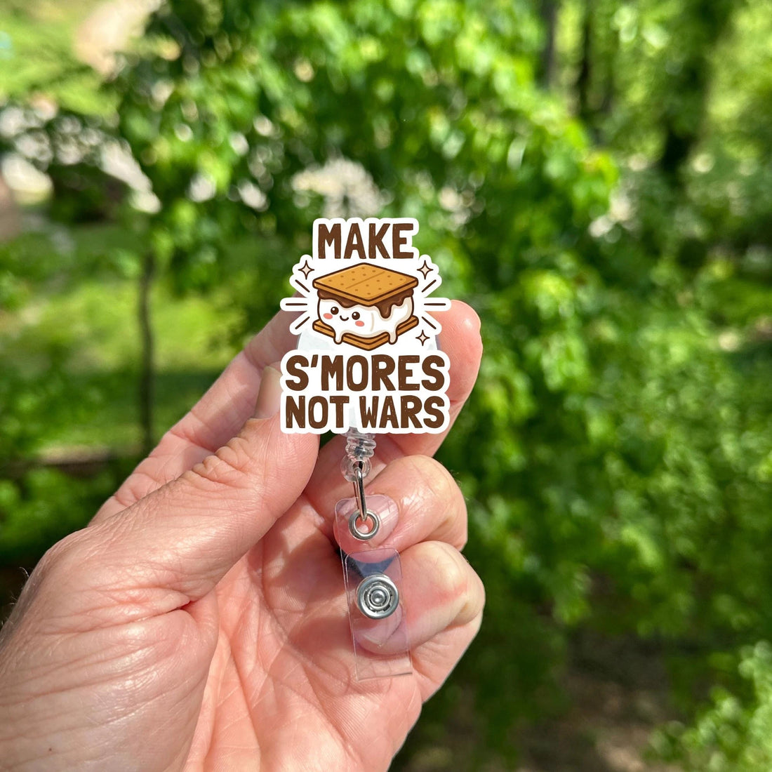 Make S'mores Not Wars Badge Reel, Retractable ID Holder, Camping Accessory