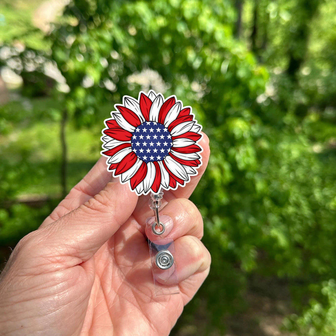 Patriotic Sunflower Badge Reel – Red White Blue Floral ID Holder, Retractable Clip