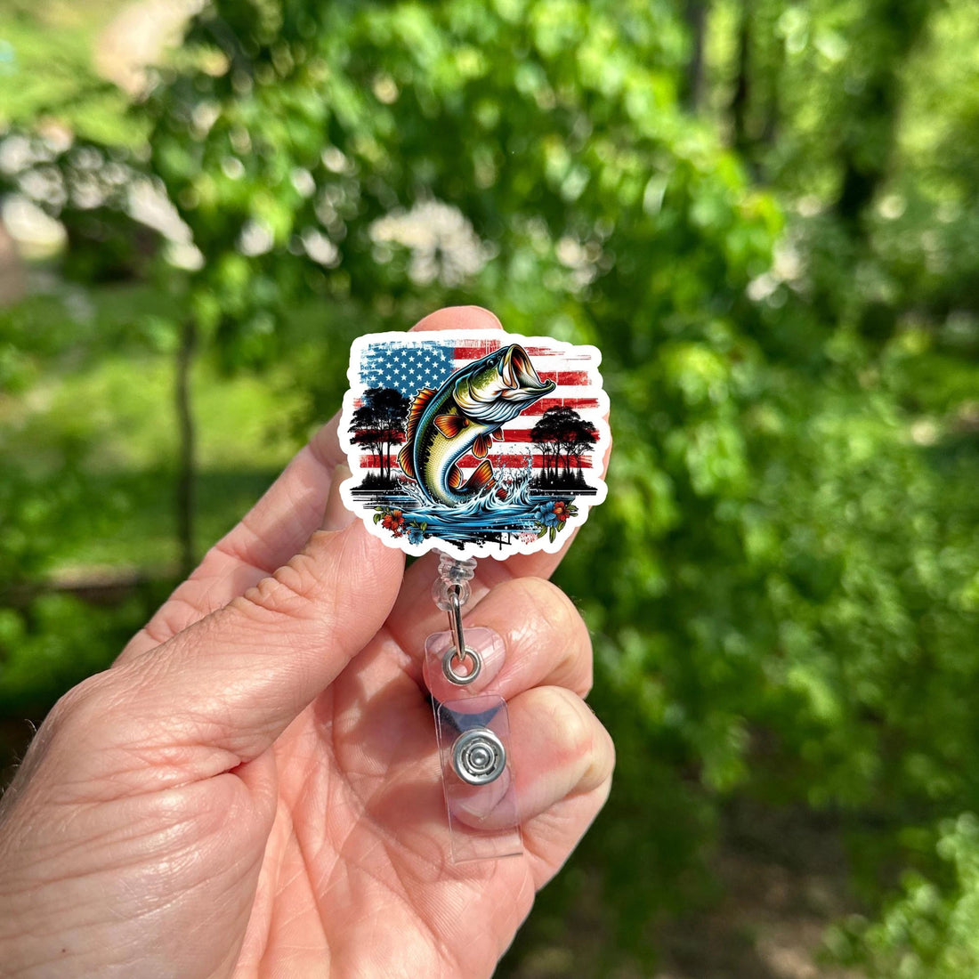 American Flag Bass Fishing Badge Reel Patriotic USA ID Holder Clip