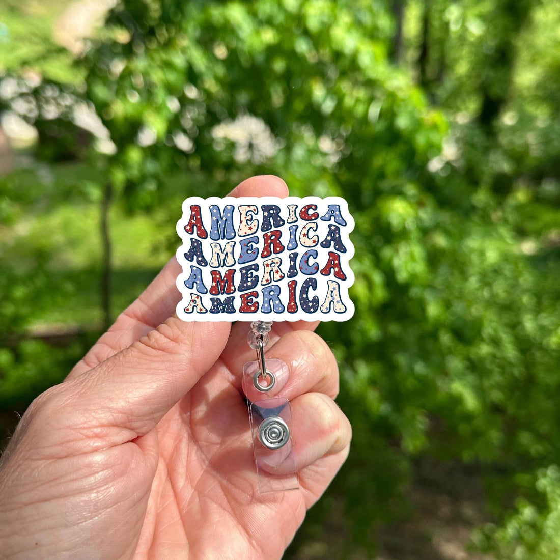 Retro America Badge Reel Groovy Patriotic ID Holder Nurse Teacher Clip