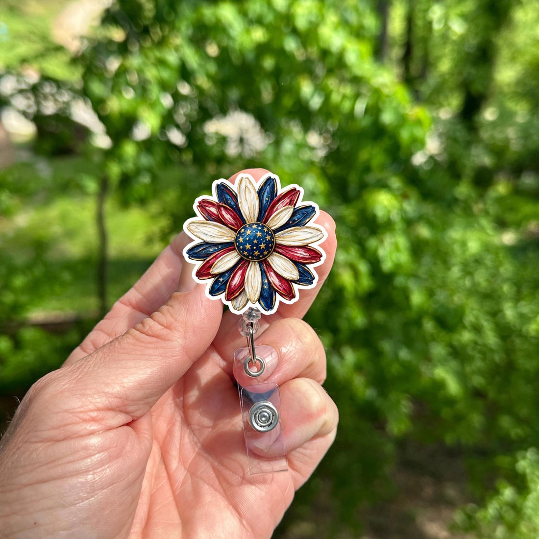 Patriotic Sunflower Badge Reel Red White Blue ID Holder, Nurse Clip