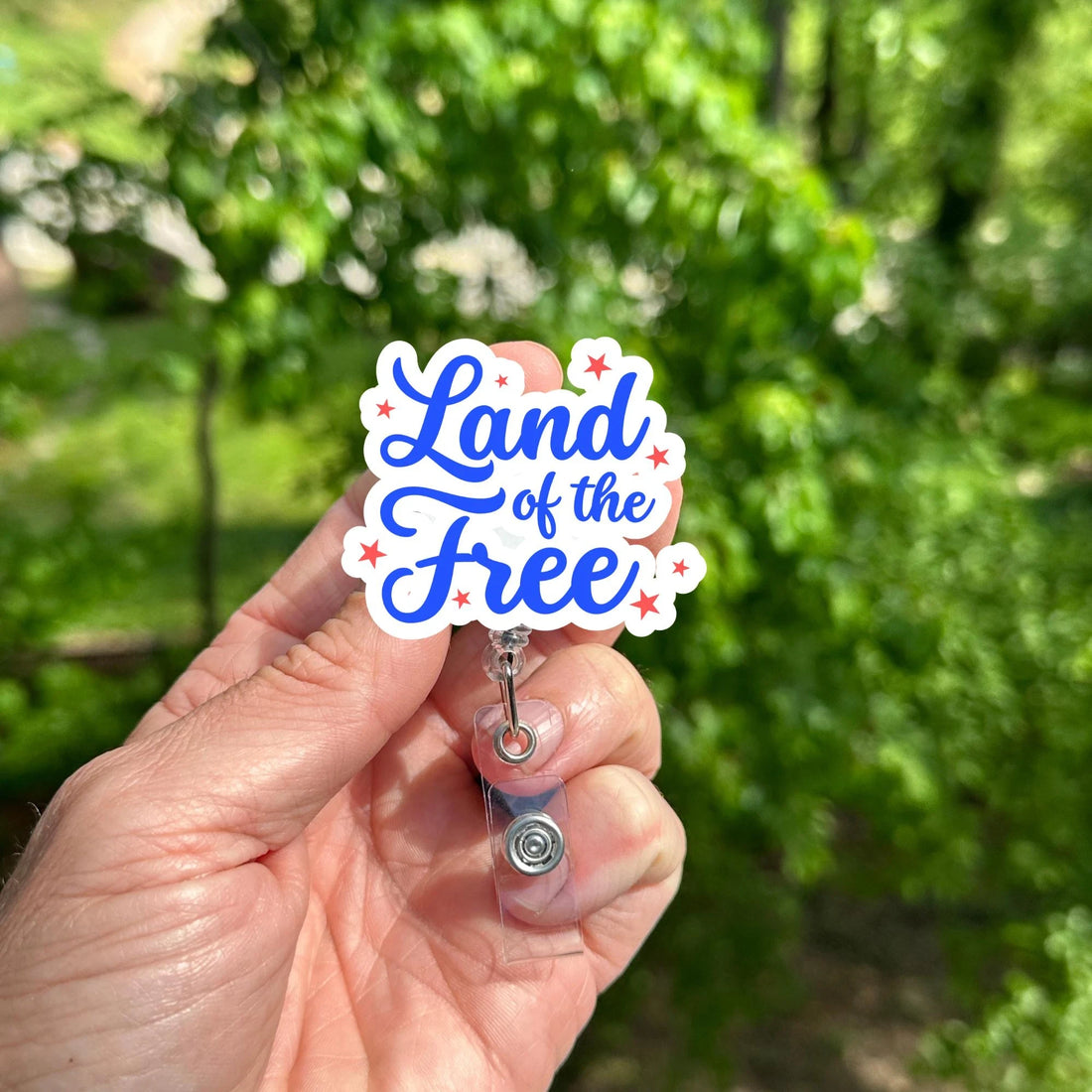 Land of the Free Badge Reel, Patriotic American Flag ID Holder, Retractable Clip Accessory