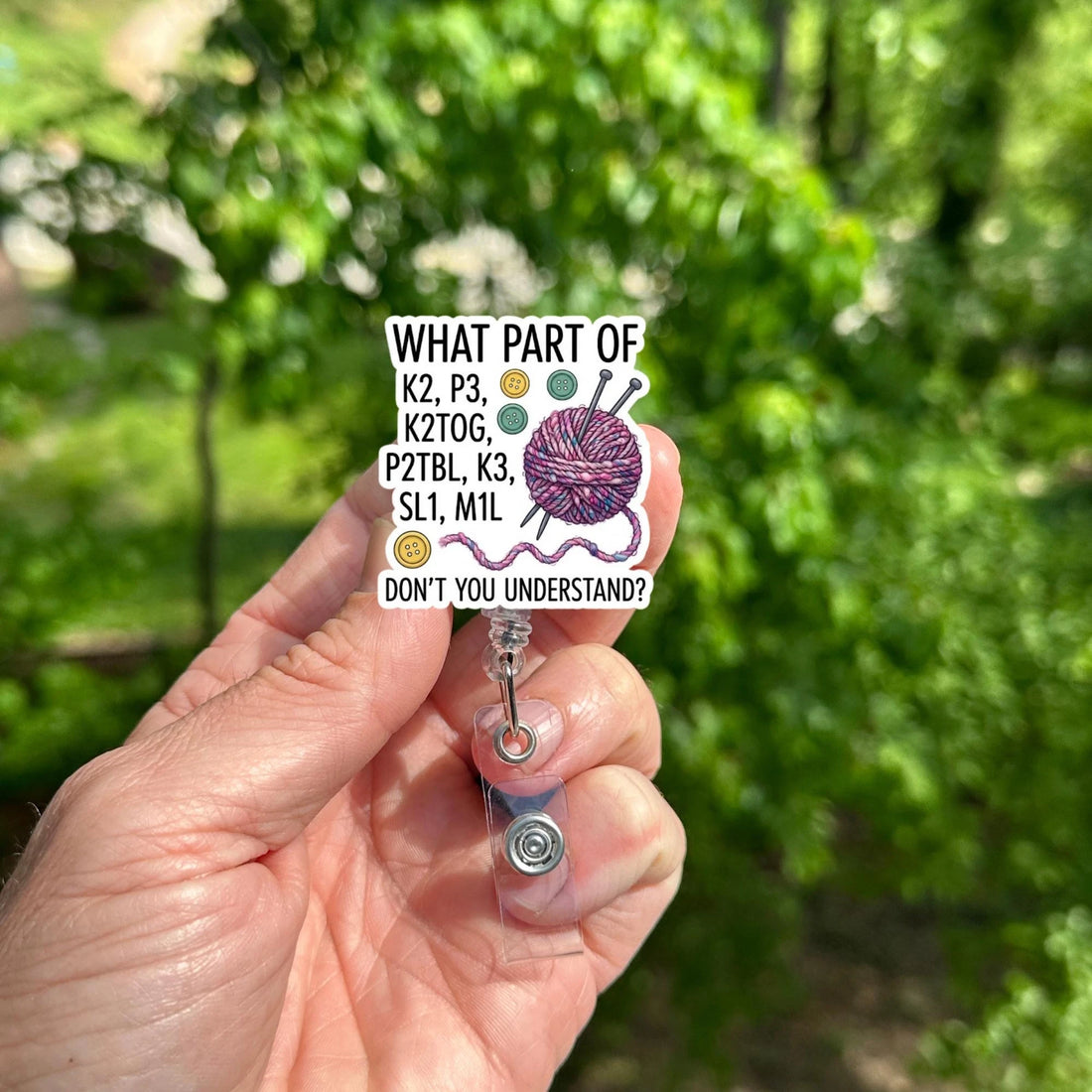 Knitting Badge Reel, Funny Yarn Ball Retractable ID Holder, Knit Abbreviations Office Name Tag