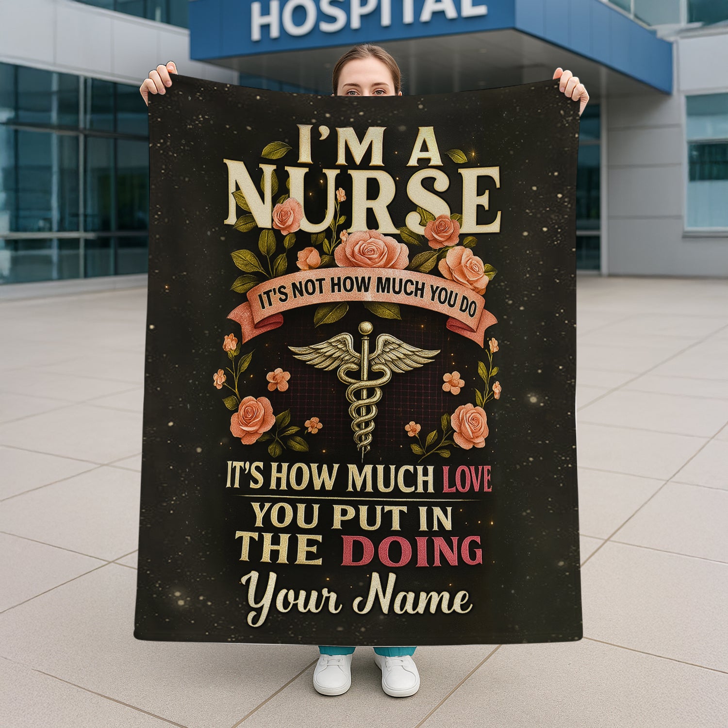 Personalized Nurse Blanket for RN LPN CNA - Inspirational Medical Quote with Caduceus Floral Design - Gift for Nurses Healthcare Workers