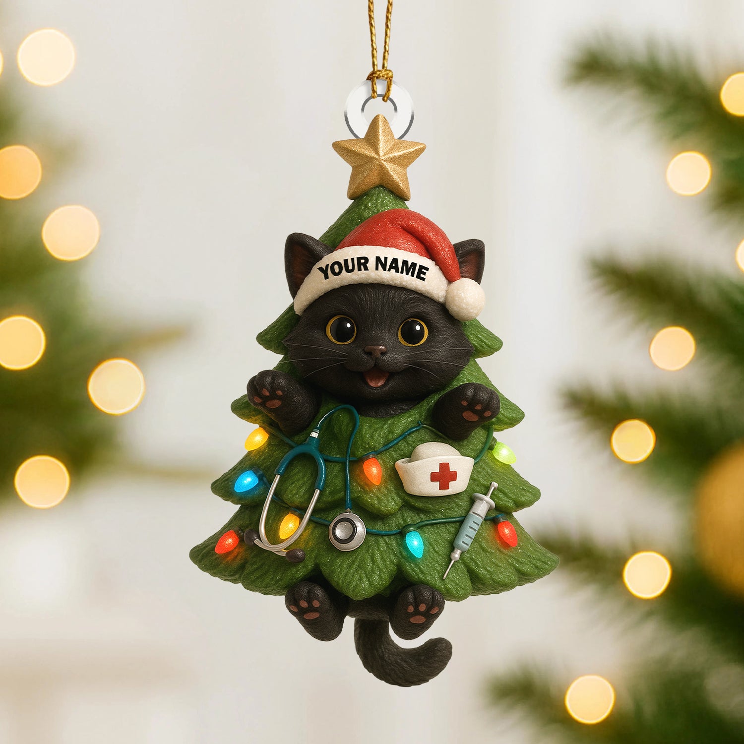Personalized Nurse Cat Christmas Ornament, Custom Name Nursing Tree Ornament, Cute RN Gift For Pediatric Nurses And Cat Lovers
