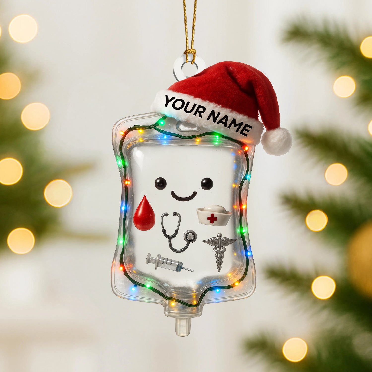 Custom Nurse Christmas Ornament, IV Bag Ornament With Santa Hat, Personalized RN Gift For Healthcare Workers