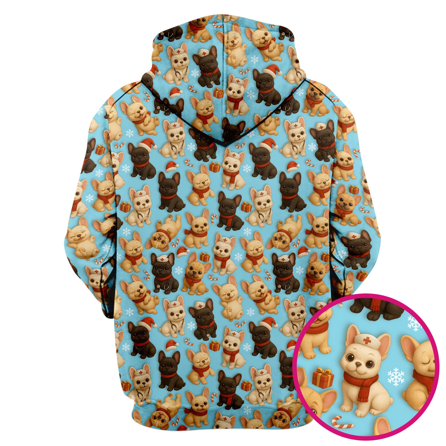 Christmas Dog Scrubs for Women - Cute French Bulldog Pattern Medical Scrub Top - Festive Holiday Nurse Scrubs with Adorable Puppy Design