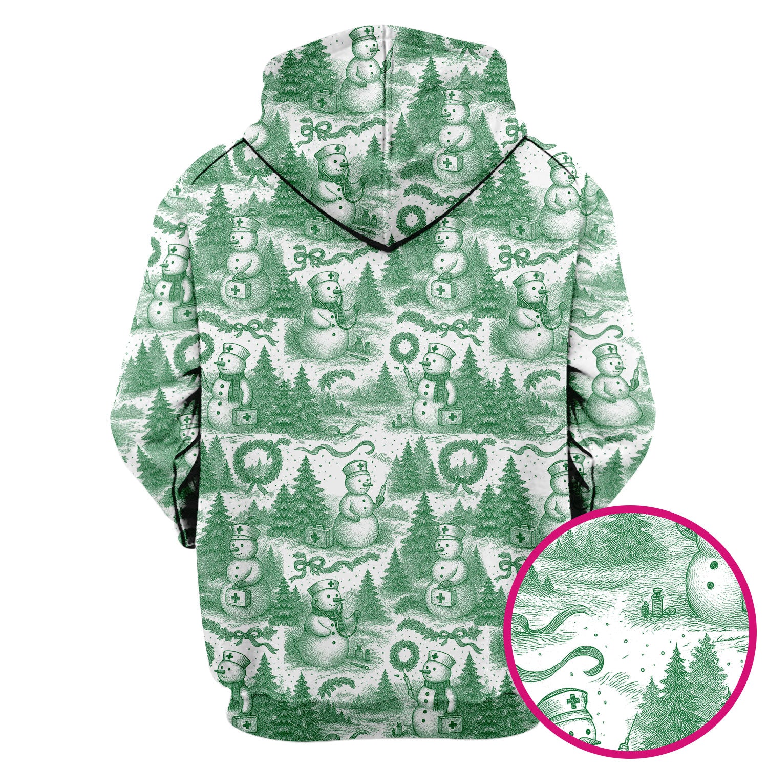 Christmas Scrub Top for Women – Toile de Jouy Snowman and Medical Pattern – Vintage Holiday Nurse Scrubs for Festive Season