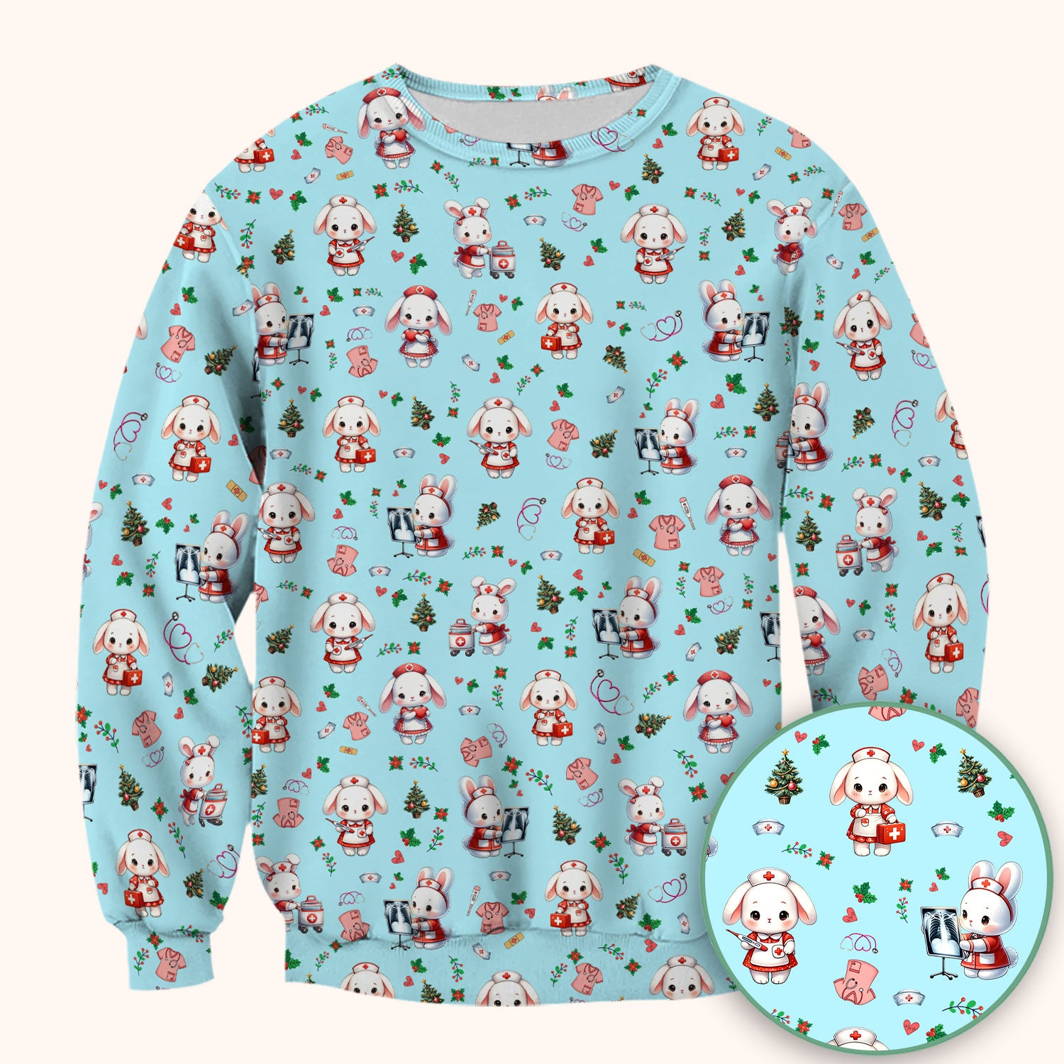 Cute Bunny Scrub Top for Nurse - Adorable Christmas Rabbit Shirt - Funny Holiday Medical Shirt Gift for Women RN LPN CNA