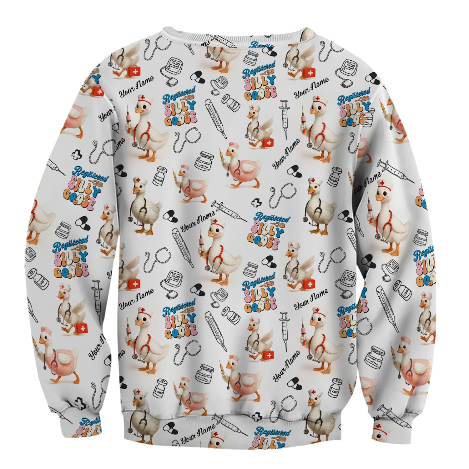 Funny Silly Goose Nurse Scrub Top Personalized Name - Cute Custom Uniform for RN LPN CNA - White V Neck Shirt for Women in Healthcare