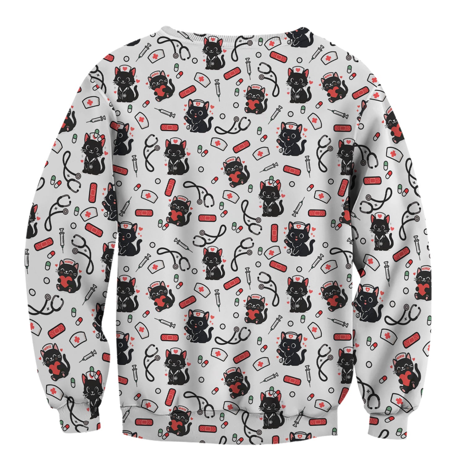 Cute Black Cat Nurse Scrub Top for Women - Medical Uniform Shirt with Stethoscope & Pill Print - Gift for CNA, LPN, Medical Worker