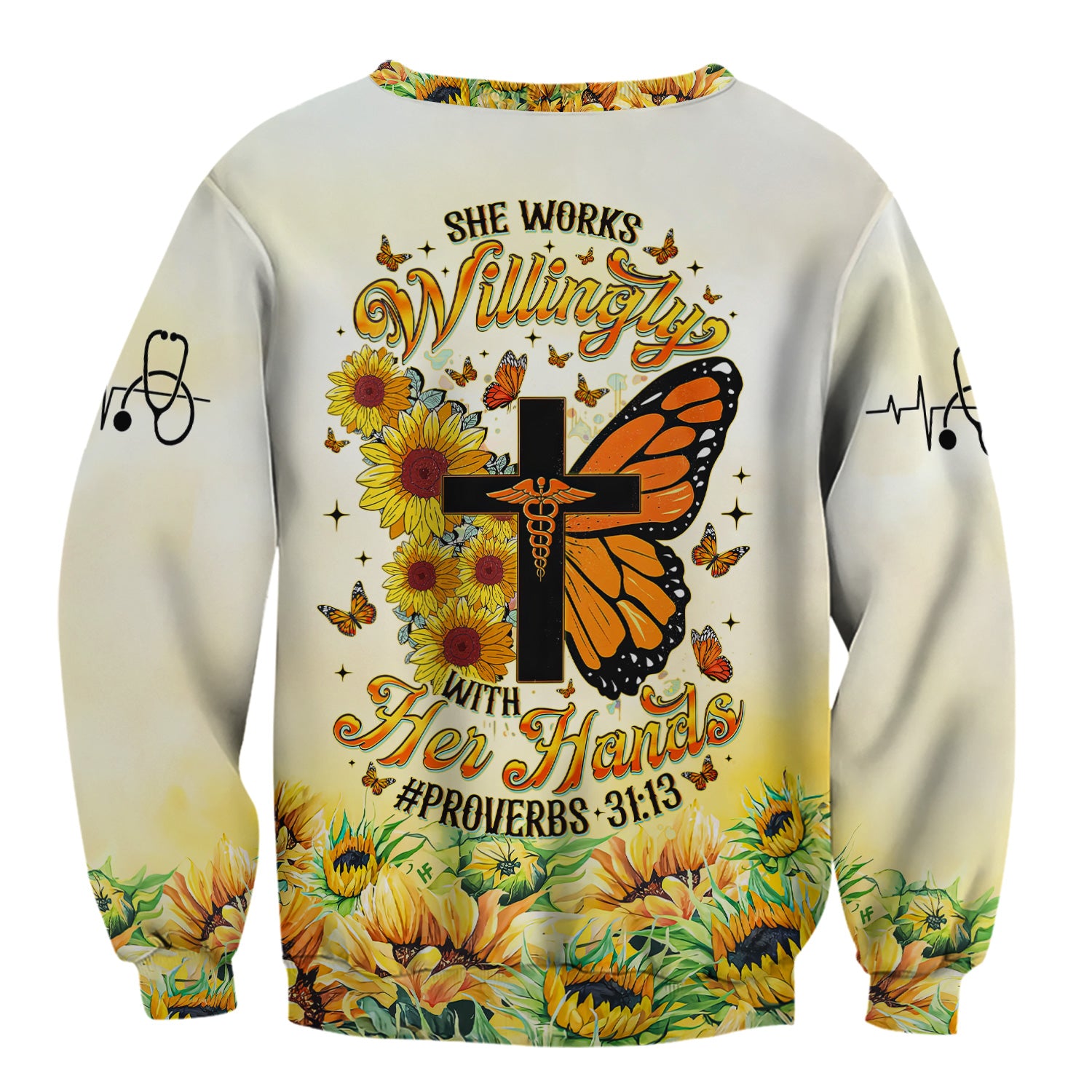 Personalized Christian Nurse Scrub Top - Sunflower Butterfly Cross & Bible Verse - Gift for RN LPN CNA Healthcare Workers