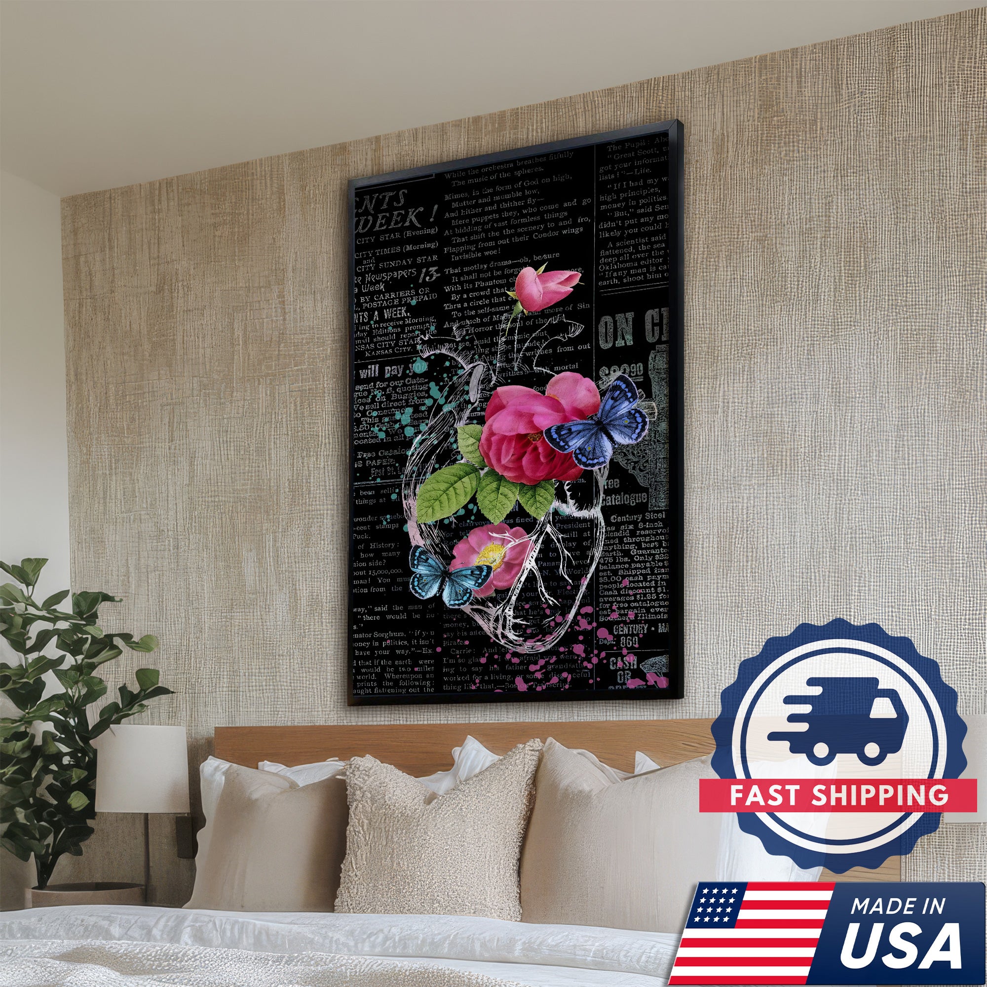Romantic Rose and Butterfly Canvas, Vintage Newspaper Style, RN LPN CNA Healthcare Workers Gift