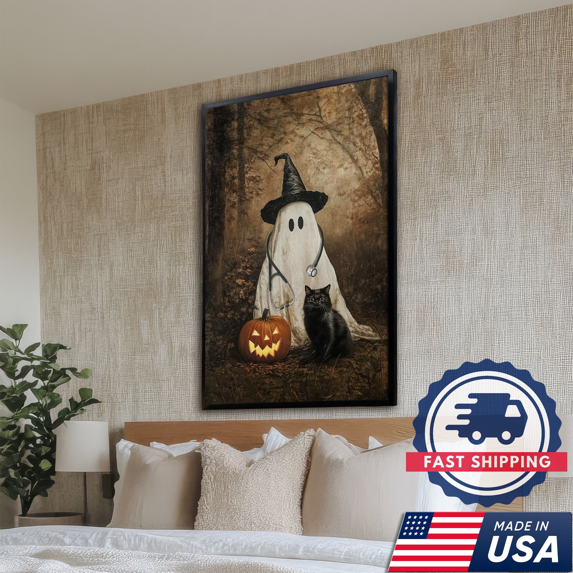 Halloween Nurse Ghost Canvas, Spooky Pumpkin Black Cat Wall Art, RN LPN CNA Gift