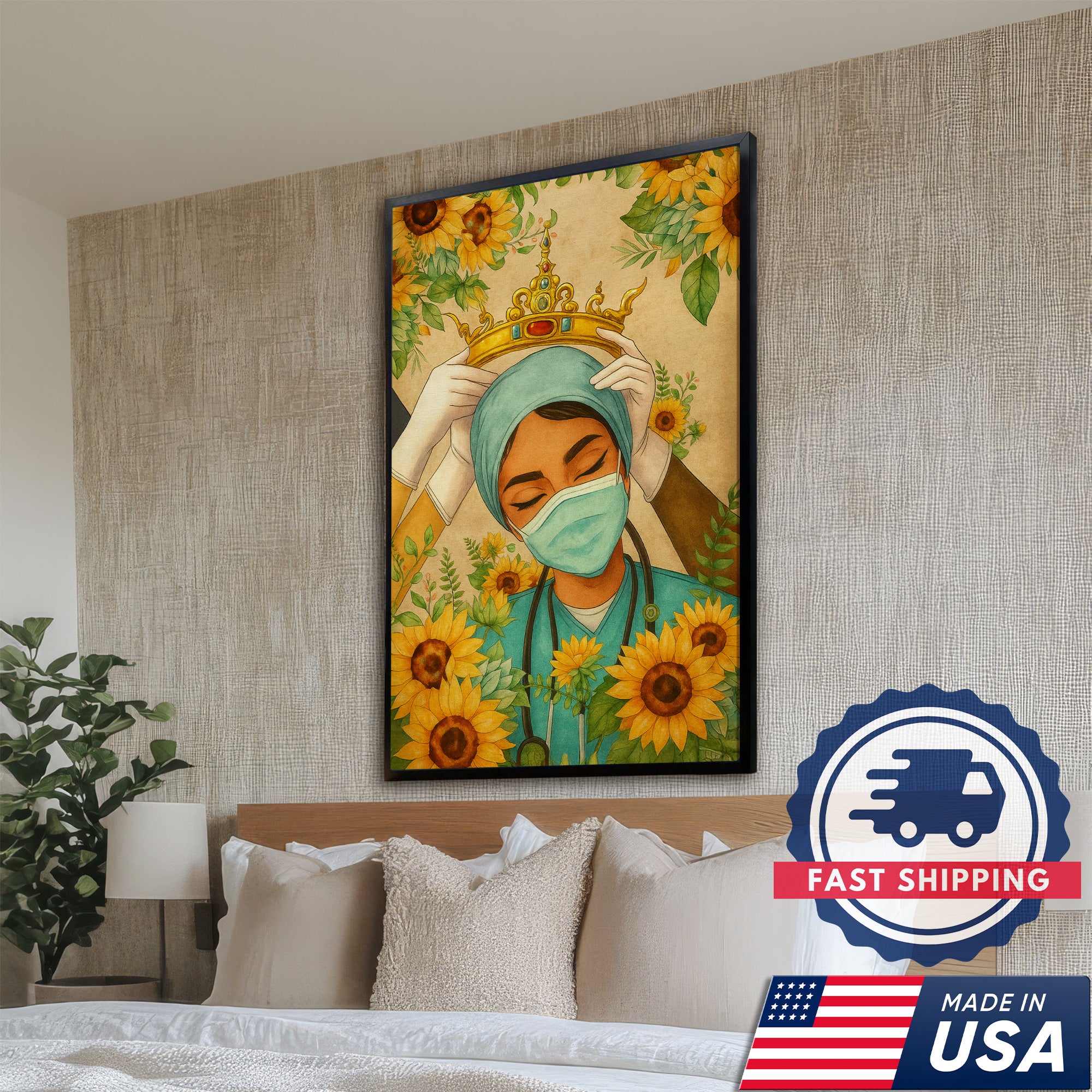Nurse Crown Canvas Wall Art, Inspirational Healthcare Worker Gift, Sunflower Medical Office Home Decor