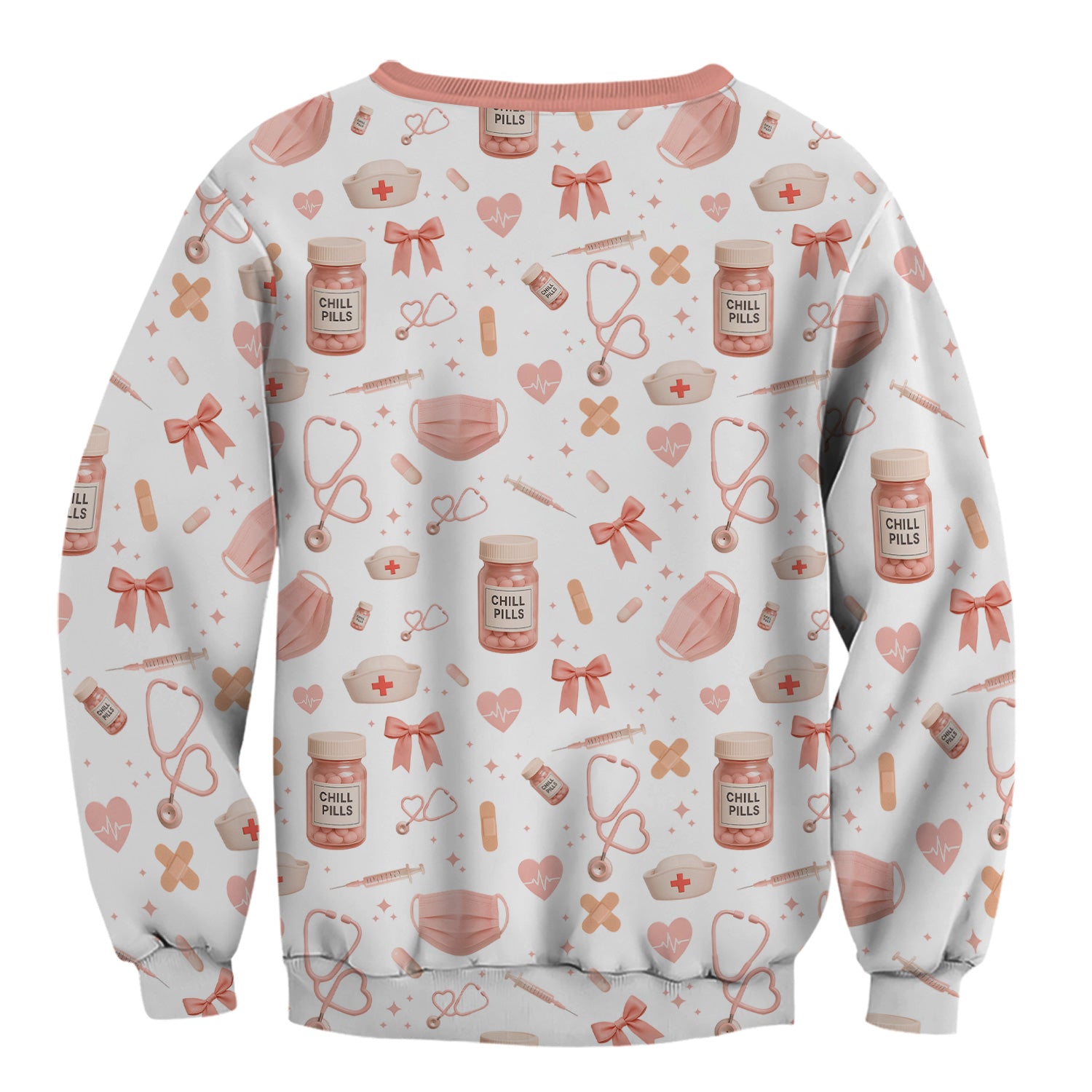 Personalized Cute Nurse Scrub Top - Pink Chill Pills & Medical Icons Pattern - Fun Aesthetic Gift for RN CNA LPN Healthcare Workers