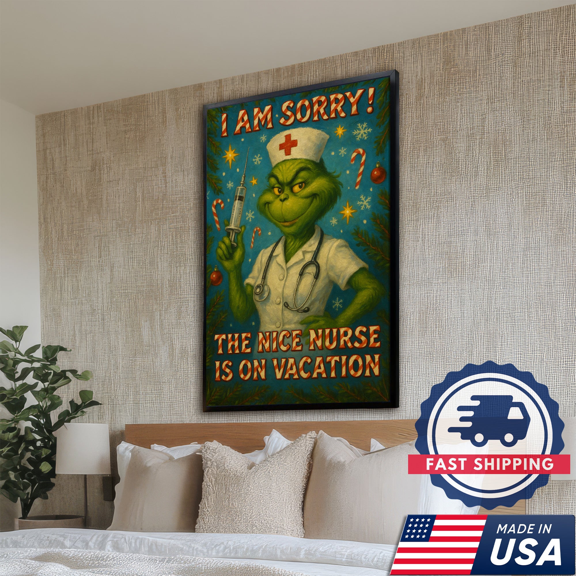 Funny Nurse Wall Art Canvas - Grinch Christmas Quote The Nice Nurse Is On Vacation - Humorous Gift for Nurses Made in USA