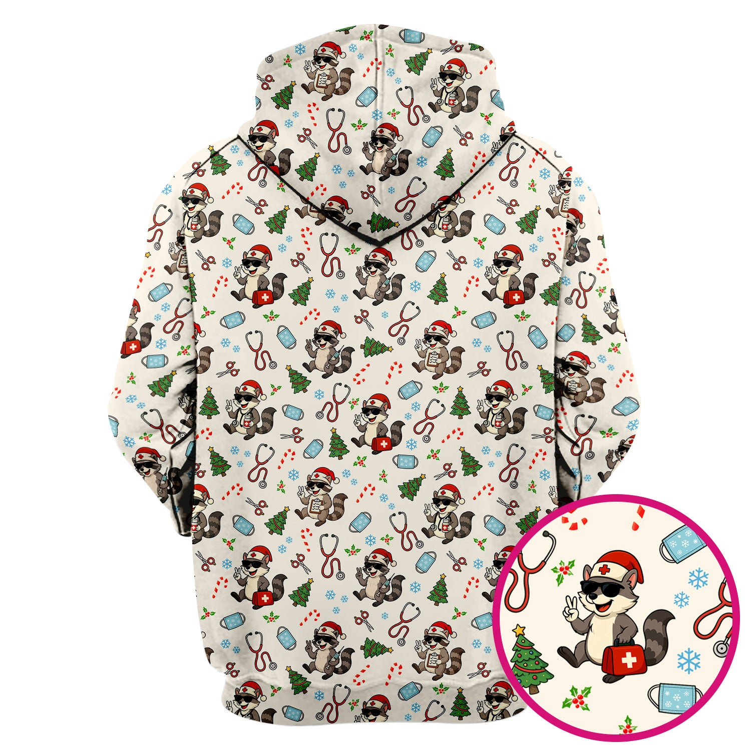 Christmas Scrub Top for Nurses - Funny Raccoon and Medical Tools Pattern - Festive Holiday Nurse Scrubs Shirt Gift for Women RN LPN CNA