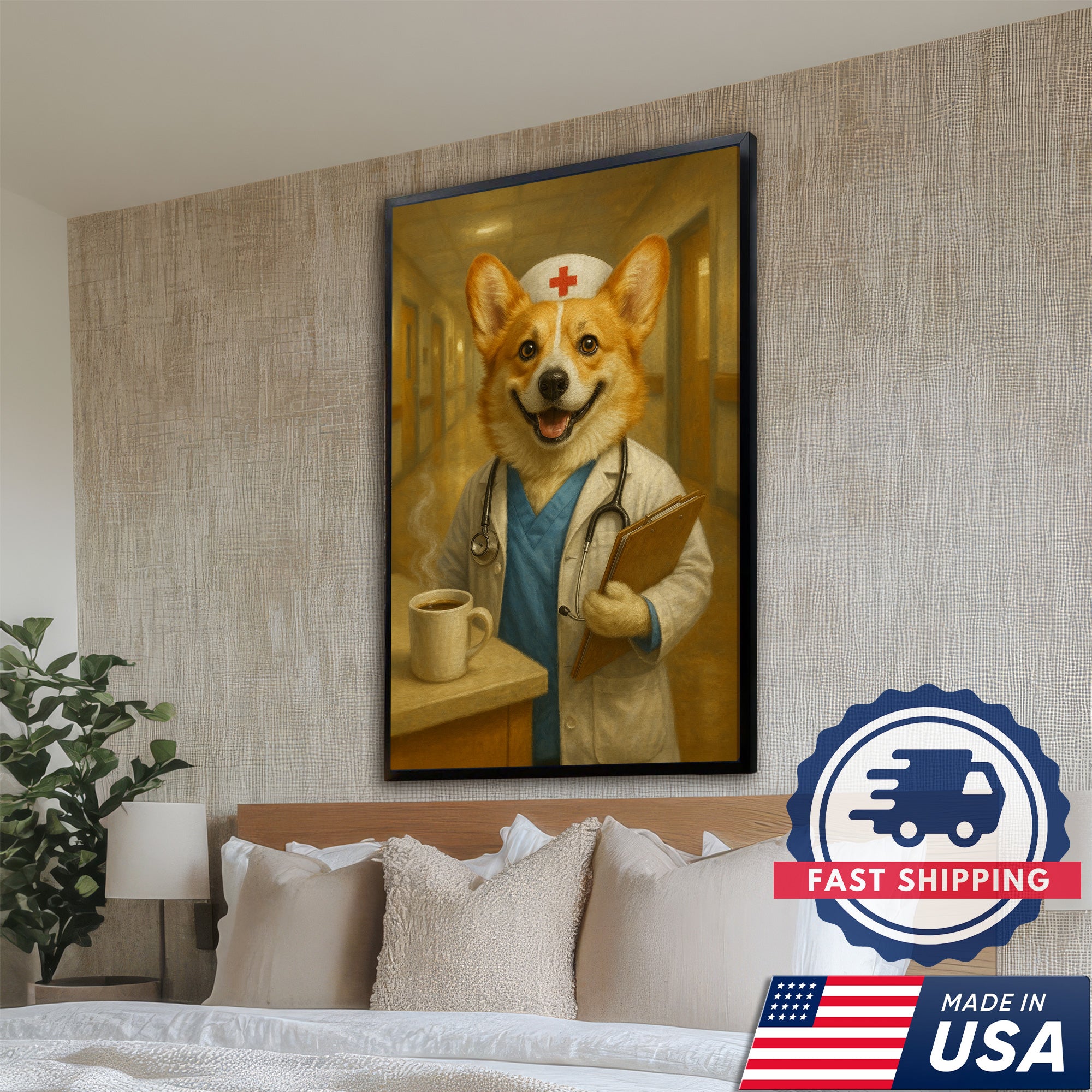 Funny Corgi Nurse Canvas, Cute Nurse Poster Wall Art For Clinic, Nursing Gift For RN, Corgi Nurse Poster