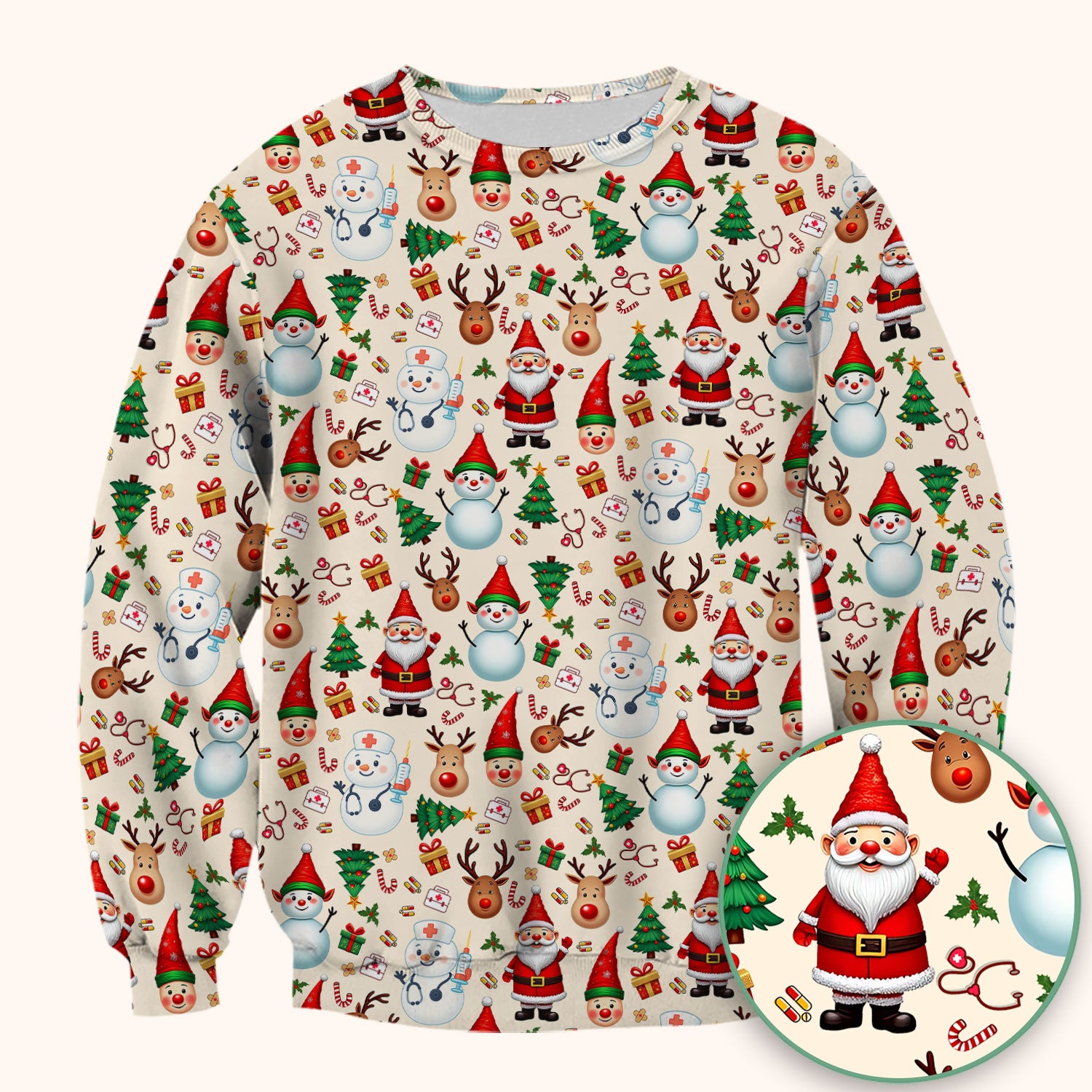 Christmas Nurse Scrub Top - Cute Snowman Santa Reindeer Pattern Medical Shirt - Festive Holiday Scrubs for Women RN CNA LPN