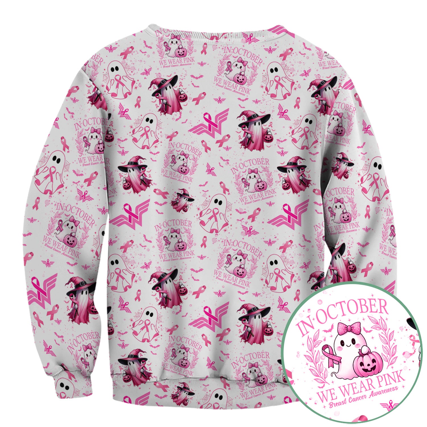 Pink Halloween Scrub Top for Nurses - In October We Wear Pink Breast Cancer Awareness Shirt - Cute Ghost Witch Gift for RN CNA LPN
