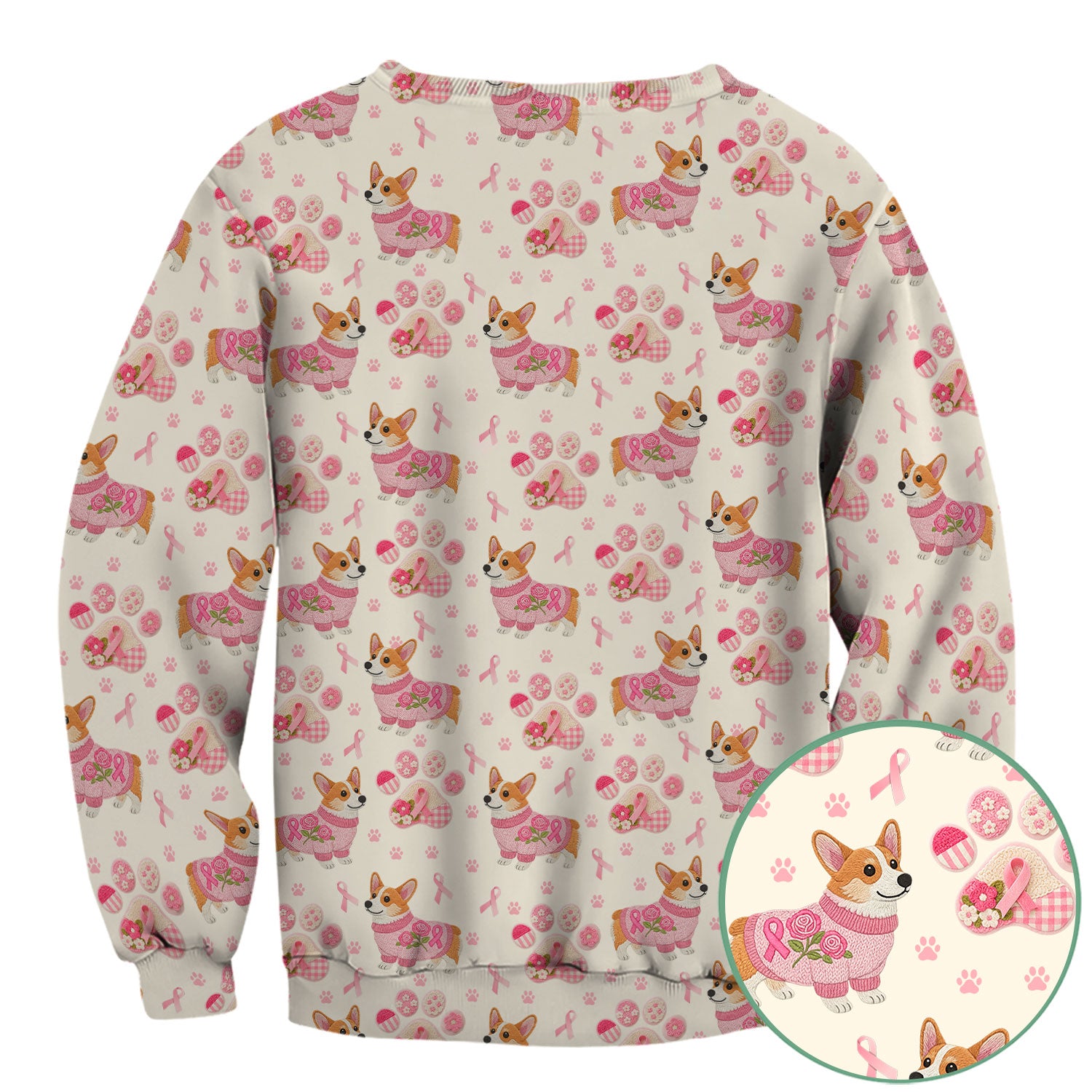 Floral Corgi Scrub Top for Women - Cute Dog Paw Print with Pink Ribbon Shirt - Breast Cancer Awareness October Gift