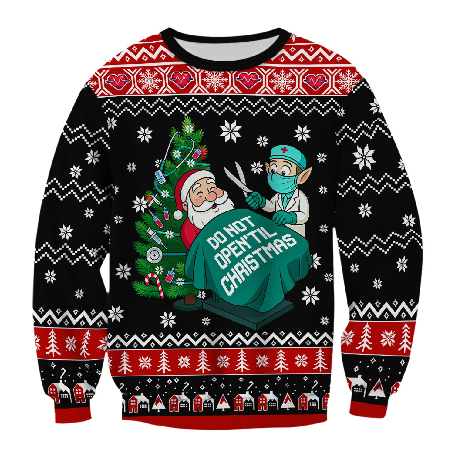 Funny Scrub Top for Women - Do Not Open Til Christmas Santa and Elf - Holiday Medical Uniform Gift for RN LPN CNA