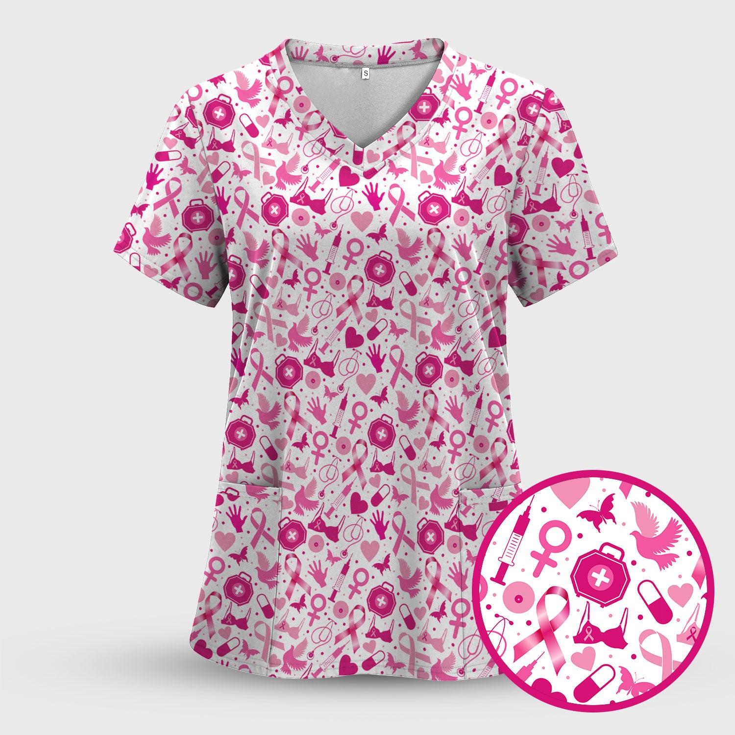 Breast Cancer Awareness Shirt - Pink Ribbon & Nurse Icons Pattern - Gift for RN LPN Healthcare Workers