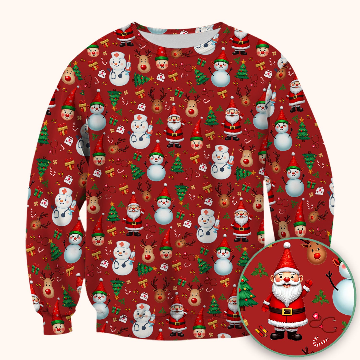 Christmas Scrub Top for Nurses - Cute Snowman Reindeer Santa Pattern - Holiday Medical Uniform RN CNA LPN Gift