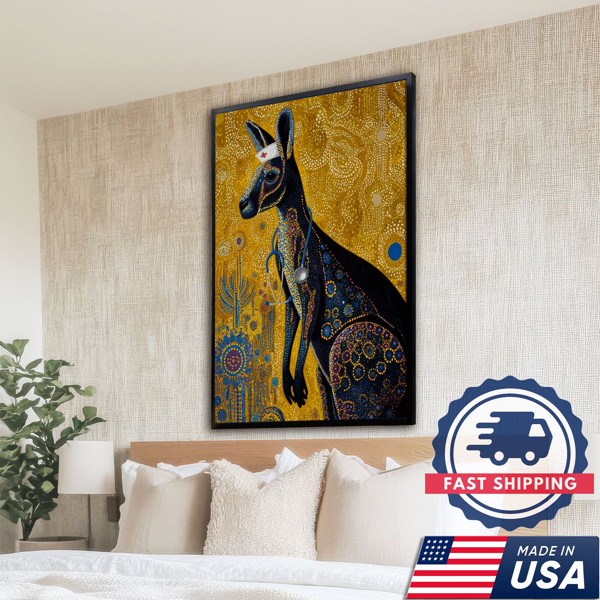 Aboriginal Style Kangaroo Canvas, Kangaroo Nurse Dot Art Poster, Australian Wildlife Decor For Nursing