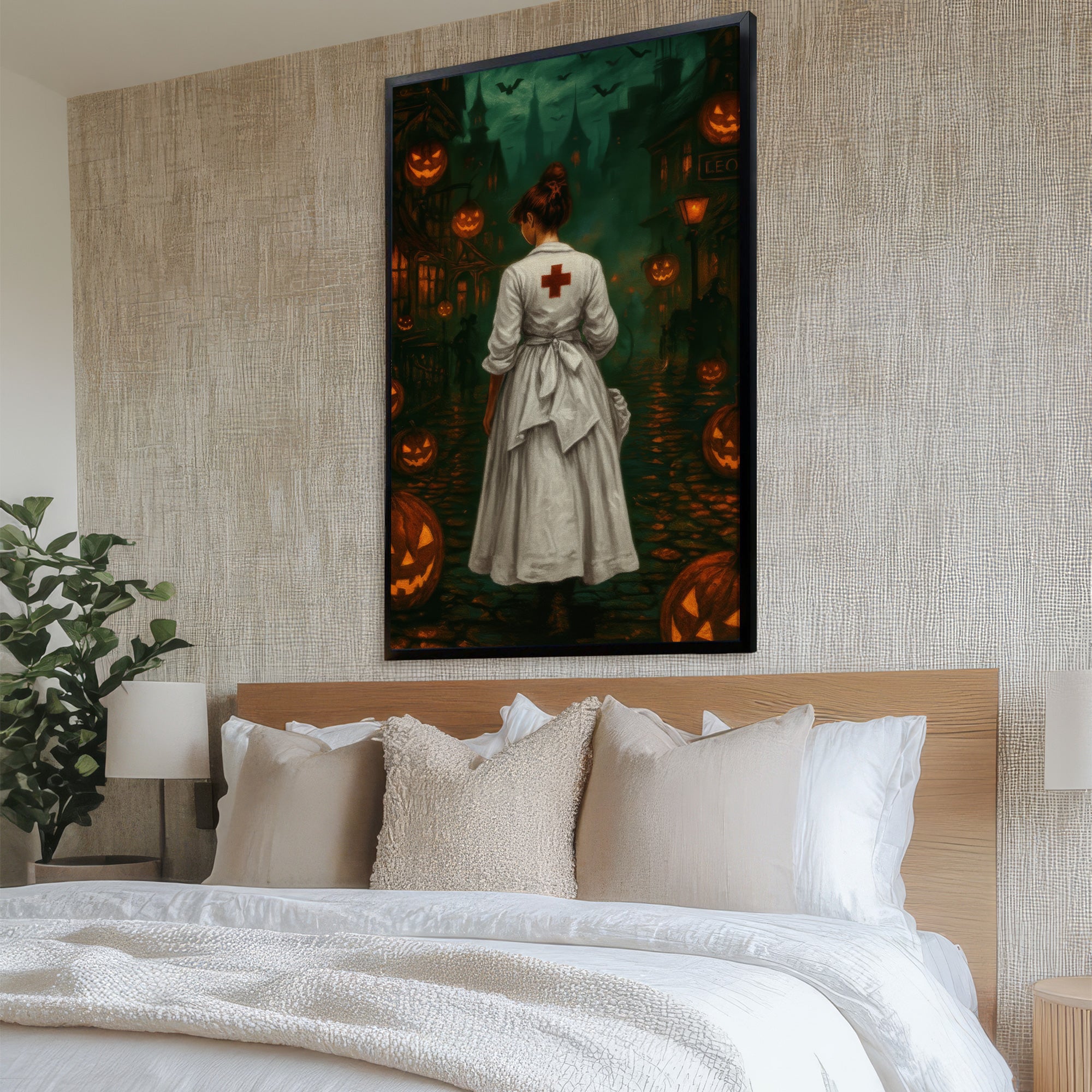 Creepy Vintage Nurse Canvas for Halloween, Haunted Street & Glowing Pumpkin, RN LPN CNA Gift