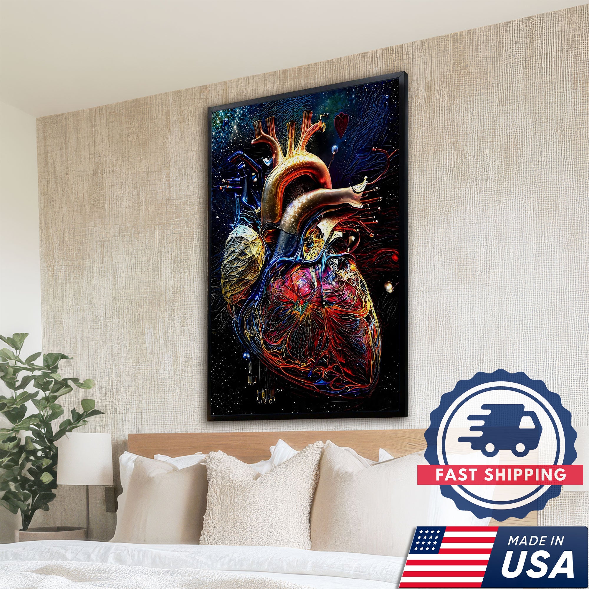 Neon Human Heart Anatomy Canvas Wall Art, Nurse Clinic Decor