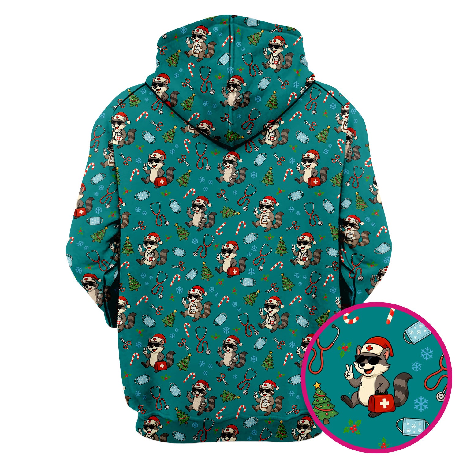 Cute Raccoon Christmas Scrub Top - Santa Hat and Stethoscope Pattern Nurse Scrubs - Funny Holiday Medical Shirt Gift for RN CNA LPN