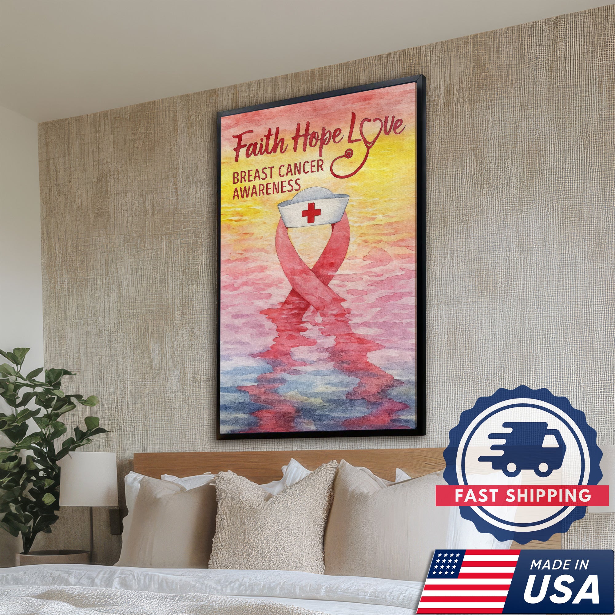 Faith Hope Love Breast Cancer Awareness Canvas, Inspirational Nurse Gift Home Decor, RN LPN CNA Gift