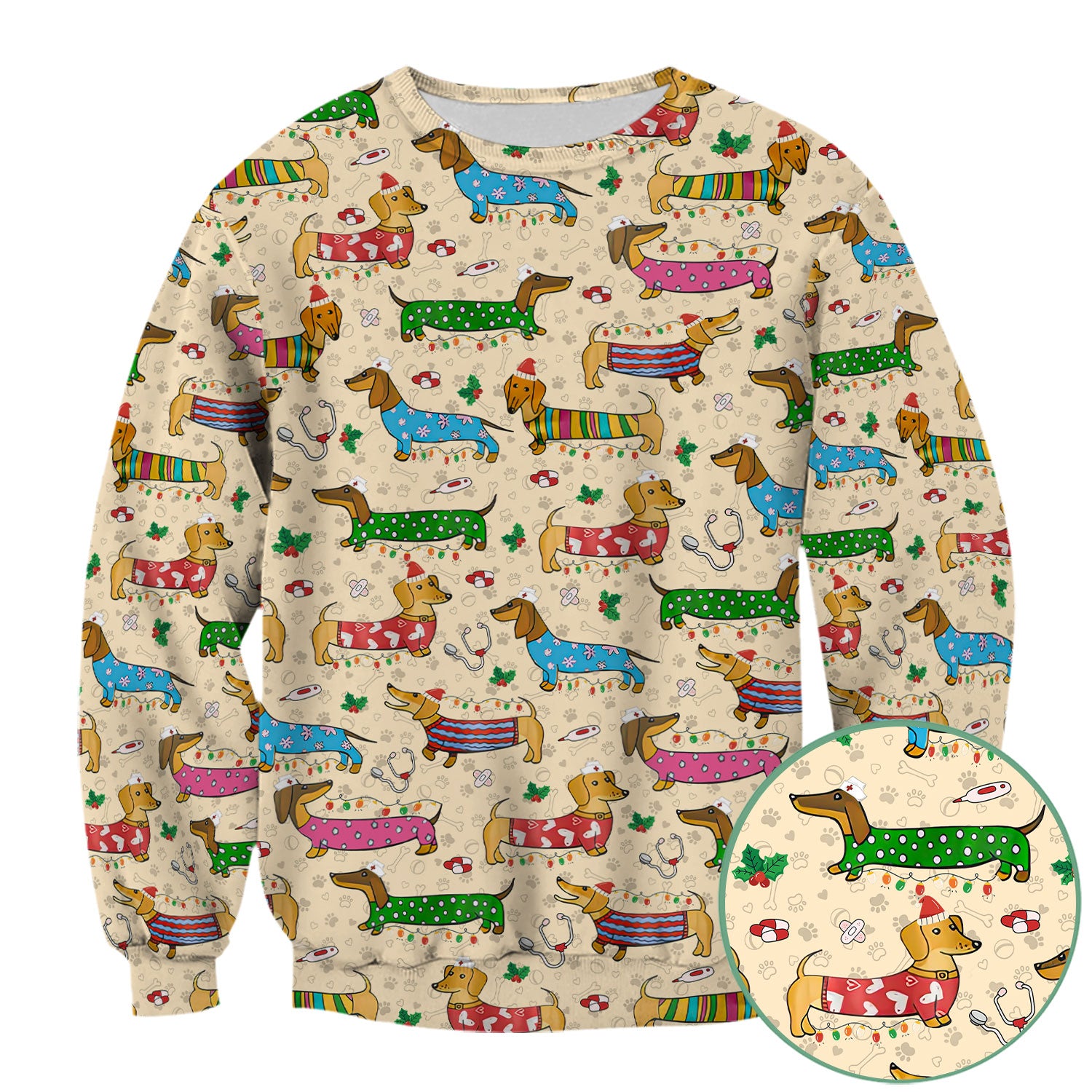 Christmas Dachshund Nurse Scrub Top - Cute Wiener Dog in Holiday Outfit - Funny Medical Shirt Gift for Women RN LPN CNA