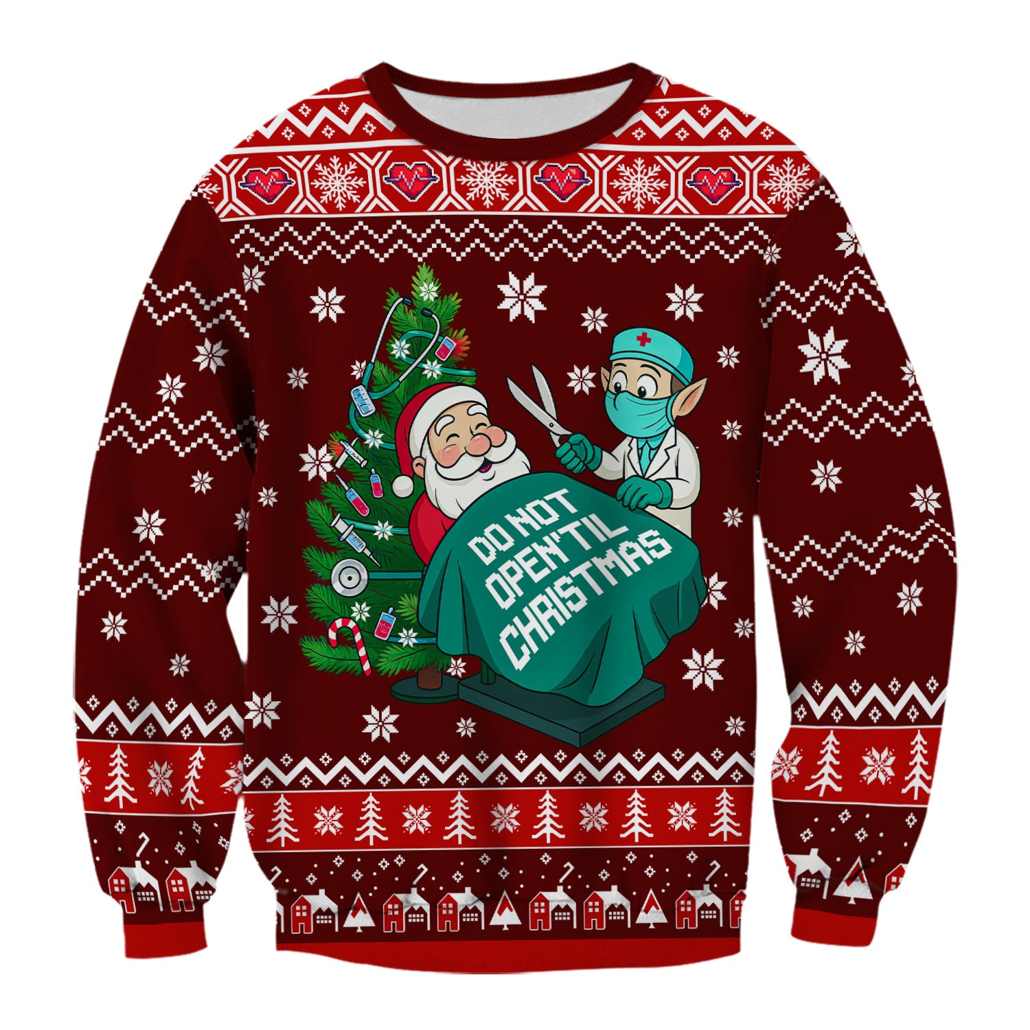 Funny Scrub Top for Women - Do Not Open Til Christmas Santa and Elf - Holiday Medical Uniform Gift for RN LPN CNA
