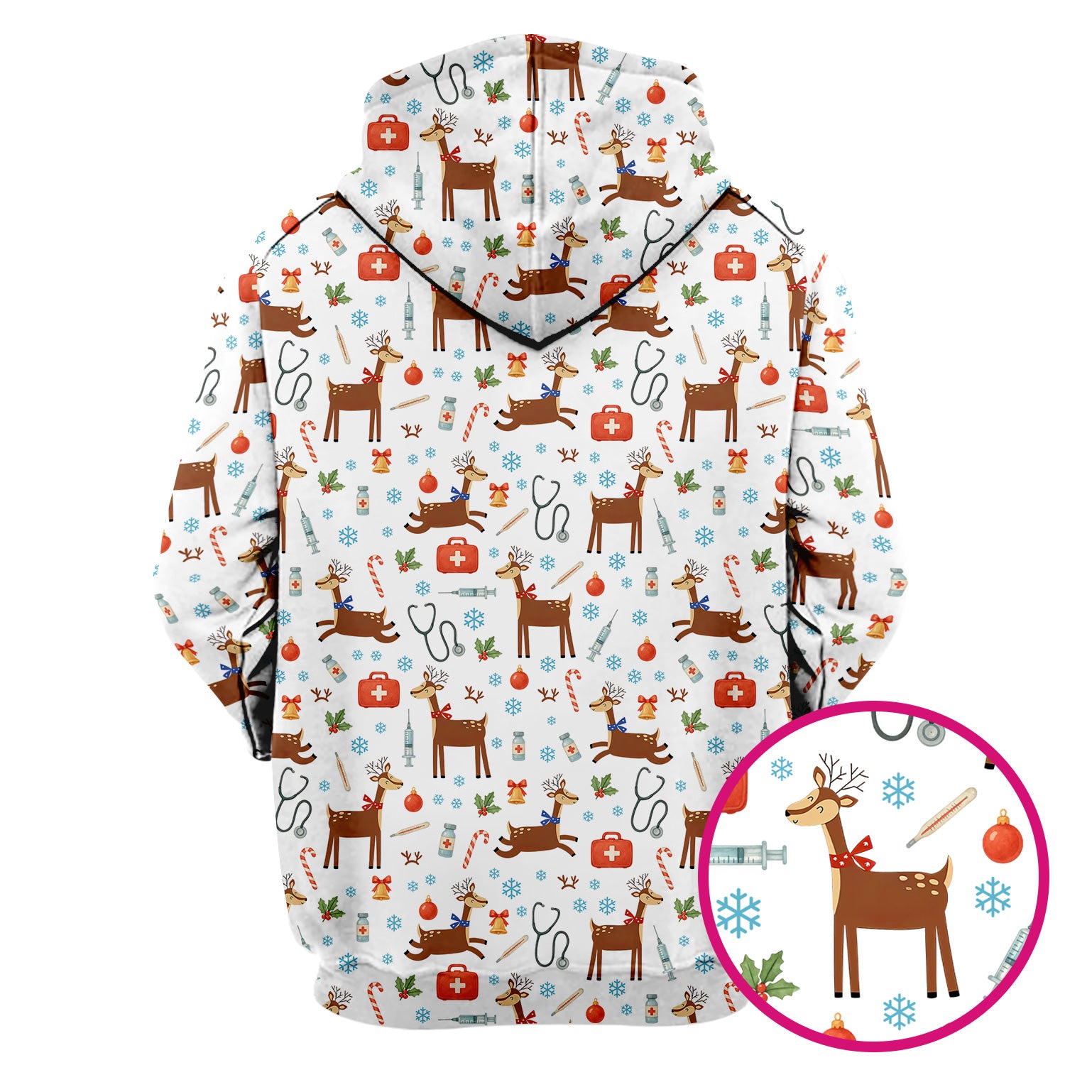 Christmas Reindeer Scrub Top for Nurses - Cute Reindeers Snowflakes Candy Canes Shirt - Comfortable Med Uniform