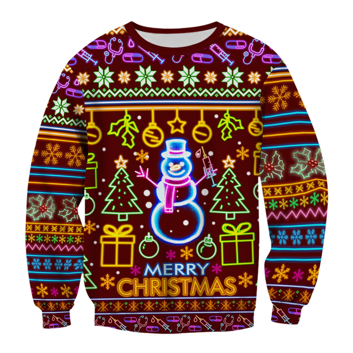 Neon Snowman Christmas Scrub Top for Nurses - Merry Christmas Holiday Lights Pattern - Funny Festive Medical Uniform for RN LPN CNA